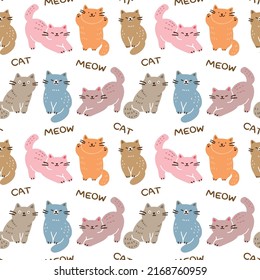 Seamless Pattern with Cute Cartoon Cat Design on White Background