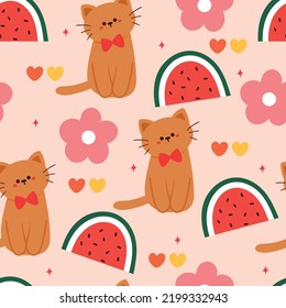 seamless pattern cute cartoon cat with flower. cute animal wallpaper for textile, gift wrap paper
