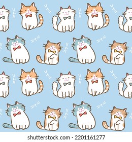 Seamless Pattern with Cute Cartoon Cat Design on Blue Background
