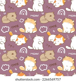 Seamless Pattern with Cute Cartoon Cat Design on Dark Purple Background