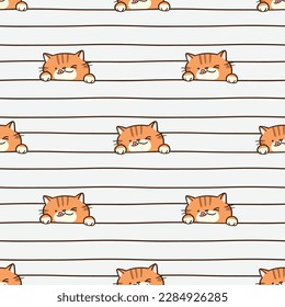 Seamless Pattern with Cute Cartoon Cat Head and Line Design on Light Grey Background