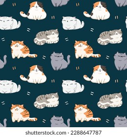 Patrón sin inconvenientes de caracteres de gatos de dibujos animados sobre fondo azul oscuro
