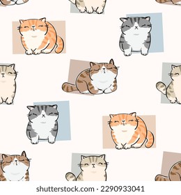 Seamless Pattern with Cute Cartoon Cat and Square Design on Light Beige Color Background