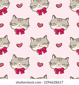 Seamless Pattern with Cute Cartoon Cat Face and Heart Design on Pink Background