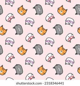 Seamless Pattern with Cute Cartoon Cat Face Design on Light Pink Background