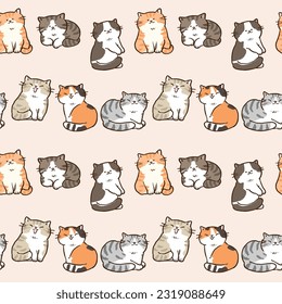 Seamless Pattern with Cute Cartoon Cat Characters on Light Orange Background