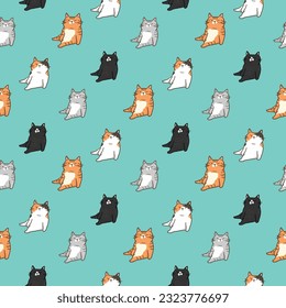 Seamless Pattern of Cute Cartoon Cat Design on Green Background