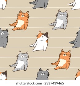 Seamless Pattern of Cute Cartoon Cat Design on Light Brown Background with Lines