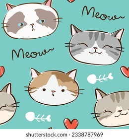 Seamless Pattern with Cute Cartoon Cat Face Design on Green Background