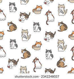 Seamless Pattern of Cute Cartoon Cat Illustration Design on White Background