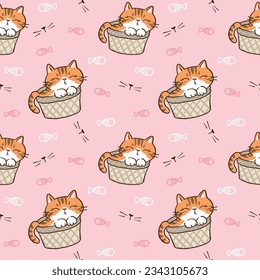 Seamless Pattern of Cute Cartoon Cat in Basket Design on Pink Background with Fish