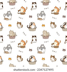 Seamless Pattern with Cute Cartoon Cat Design on White Background