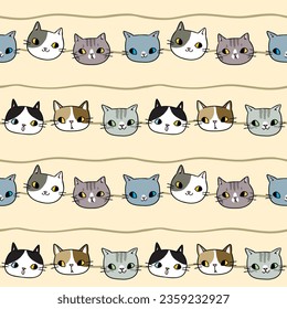 Seamless Pattern of Cute Cartoon Cat Face Design on Yellow Background with Wavy Lines