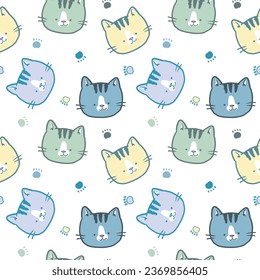 Seamless Pattern of Cute Cartoon Cat Face Design on White Background
