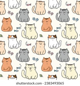 Seamless Pattern of Cute Cartoon Cat Design on Light Yellow Background