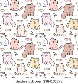 Seamless Pattern of Cute Cartoon Cat Illustration on White Background