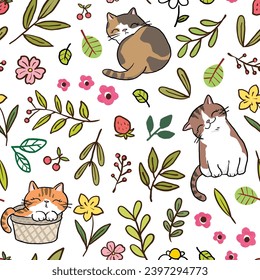 Seamless Pattern of Cute Cartoon Cat, Flower and Leaf Design on White Background