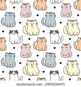 Seamless Pattern with Cute Cartoon Cat and Heart Design on White Background