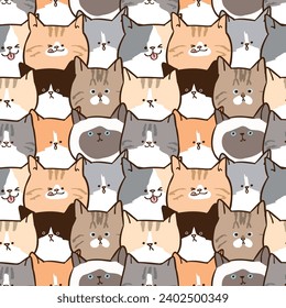 Seamless Pattern of Cute Cartoon Cat Face Design