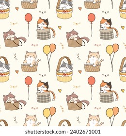 Seamless Pattern with Cute Cartoon Cat in Basket and Balloon Design on Light Yellow Background