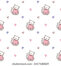 Patrón transparente de diseño de gato y corazón de dibujos animados personalizados en fondo blanco