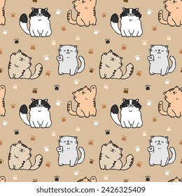 Seamless Pattern of Cute Cartoon Cat and Paw Design on Light Brown Background