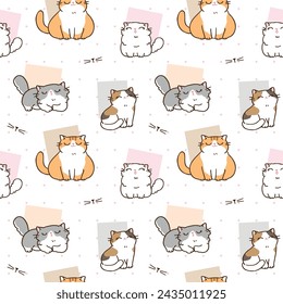 Seamless Pattern of Cute Cartoon Cat and Pastel Square Design on White Background with Pink Dots