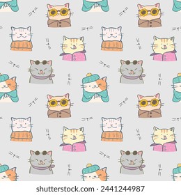 Patrón sin fisuras del diseño lindo del gato de la historieta en el fondo gris