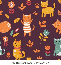 Seamless pattern of cute cartoon cat illustration 