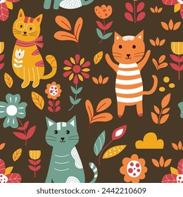 Seamless pattern of cute cartoon cat illustration 