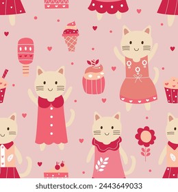 Seamless pattern of cute cartoon cat illustration 