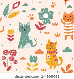 Seamless pattern of cute cartoon cat illustration 