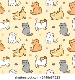 Seamless Pattern of Cute Cartoon Cat Design on Yellow Background