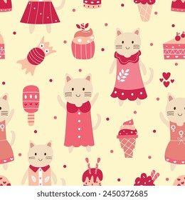 Seamless pattern of cute cartoon cat illustration 