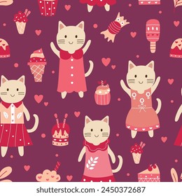 Seamless pattern of cute cartoon cat illustration 