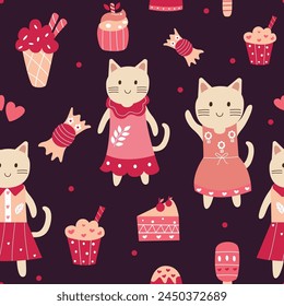 Seamless pattern of cute cartoon cat illustration 