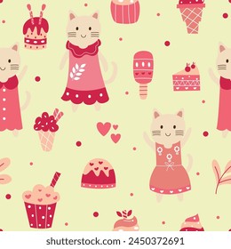 Seamless pattern of cute cartoon cat illustration 