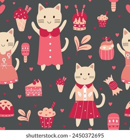 Seamless pattern of cute cartoon cat illustration 