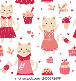 Seamless pattern of cute cartoon cat illustration 