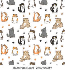 Seamless Pattern of Cute Cartoon Cat and Paw Design on White Background