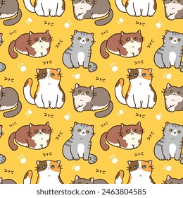 Seamless Pattern of Cute Cartoon Cat Design on Yellow Background