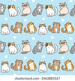 Seamless Pattern of Cute Cartoon Cat Design on Light Blue Background