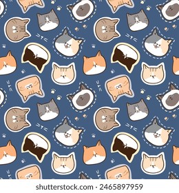 Seamless Pattern with Cute Cartoon Cat Face Design on Dark Blue Background