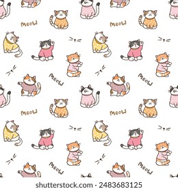 Seamless Pattern with Cute Cartoon Cat Design on White Background