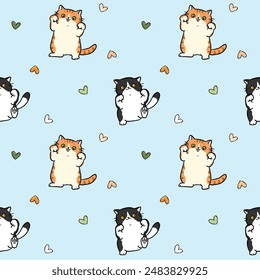 Seamless Pattern with Cute Cartoon Cat and Heart Design on Light Blue Background