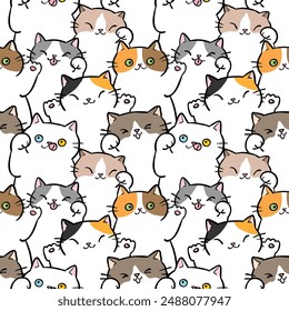 Seamless Pattern with Cute Cartoon Cat Illustration