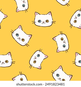 Patrón sin fisuras del diseño lindo de la cara del gato de la historieta en el fondo amarillo
