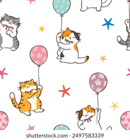 Seamless Pattern with Cute Cartoon Cat and Balloon Design on White Background