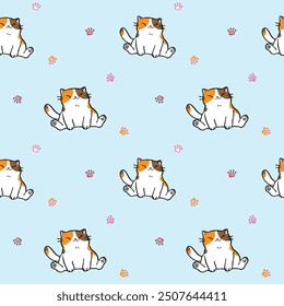 Seamless Pattern with Cute Cartoon Cat and Paw Design on Light Blue Background