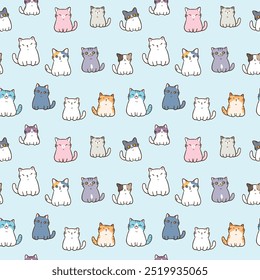 Seamless Pattern with Cute Cartoon Cat Design on Light Blue Background